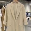 Petite Women's Spring Summer Beige Thin Three-Quarter Sleeve Suit Jacket - Short Fit, Trendy Fashion Outerwear