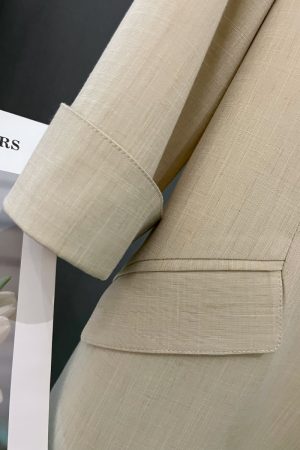 Petite Women's Spring Summer Beige Thin Three-Quarter Sleeve Suit Jacket - Short Fit, Trendy Fashion Outerwear
