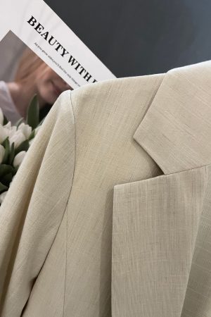 Petite Women's Spring Summer Beige Thin Three-Quarter Sleeve Suit Jacket - Short Fit, Trendy Fashion Outerwear