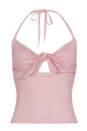 Pink Beauty Hollow Out Twisted Polka Dot Cami Halter Top - Women's Slim Fit French Design, Chic Y2K Style, White-Enhancing Fashion