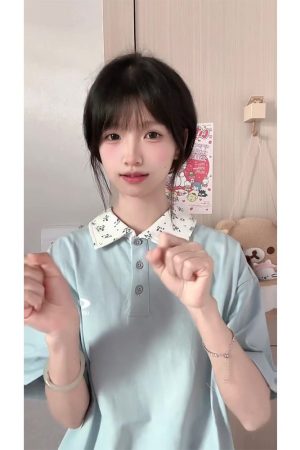 Pink Floral Patchwork Polo Collar Short-Sleeve T-Shirt for Women - Summer 90s Style Top for Juniors and Teens