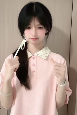 Pink Floral Patchwork Polo Collar Short-Sleeve T-Shirt for Women - Summer 90s Style Top for Juniors and Teens