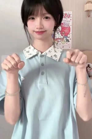 Pink Floral Patchwork Polo Collar Short-Sleeve T-Shirt for Women - Summer 90s Style Top for Juniors and Teens