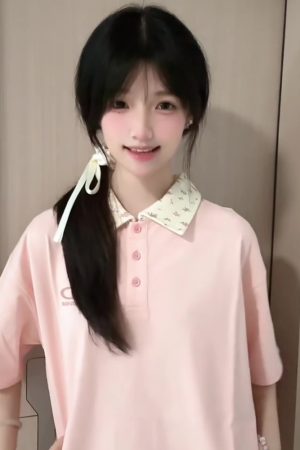 Pink Floral Patchwork Polo Collar Short-Sleeve T-Shirt for Women - Summer 90s Style Top for Juniors and Teens