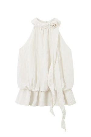 Pink Floral Ribbon Hanging Neck Sleeveless Top - Three-Dimensional Design for Women's Summer Vacation Style