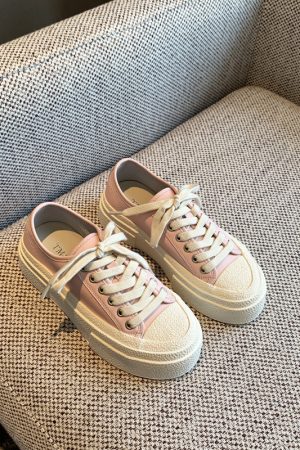 Pink Genuine Leather Lace-Up Sneakers for Women - 2025 Height-Increasing Thick Sole Casual White Shoes, Versatile Comfort Style