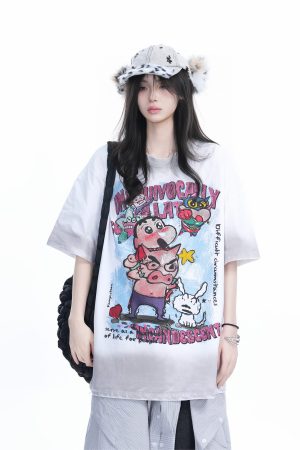 Pink Gradient Cartoon Print Loose-Fit Short-Sleeve T-Shirt for Women - American Style Heavy-Duty Casual Top