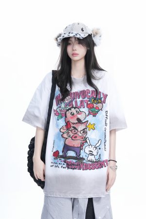 Pink Gradient Cartoon Print Loose-Fit Short-Sleeve T-Shirt for Women - American Style Heavy-Duty Casual Top