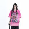 Pink Gradient Cartoon Print Loose-Fit Short-Sleeve T-Shirt for Women - American Style Heavy-Duty Casual Top