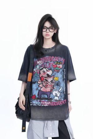 Pink Gradient Cartoon Print Loose-Fit Short-Sleeve T-Shirt for Women - American Style Heavy-Duty Casual Top