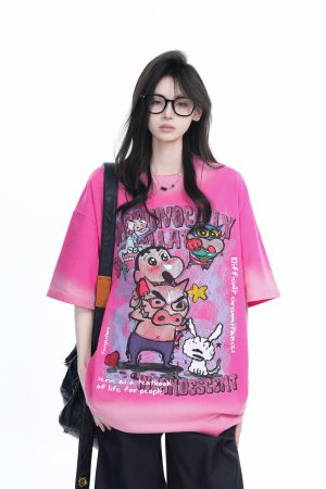 Pink Gradient Cartoon Print Loose-Fit Short-Sleeve T-Shirt for Women - American Style Heavy-Duty Casual Top