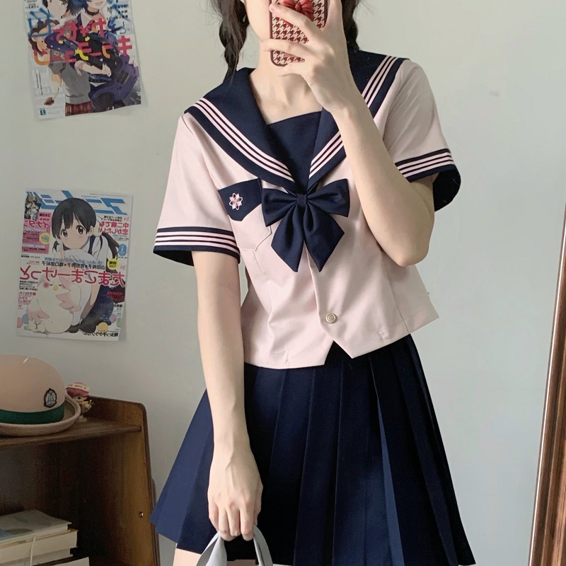 Pink JK Uniform Sailor Suit for Women - Camellia Floral Waist-Defined College Style Summer Short Sleeve Set Pink JK Uniform Sailor Suit for Women - Camellia Floral Waist-Defined College Style Summer Short Sleeve Set