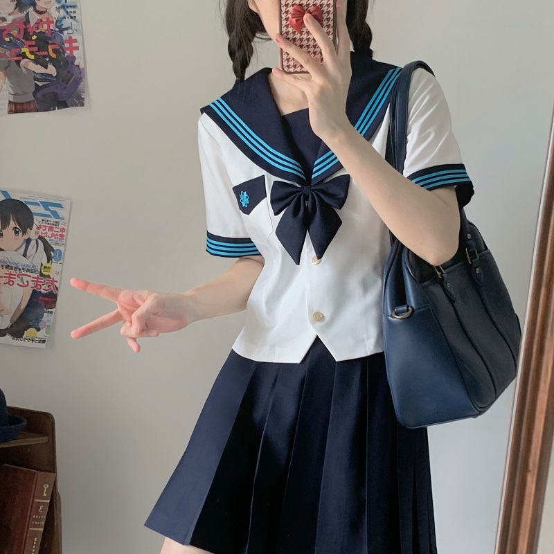 Pink JK Uniform Sailor Suit for Women - Camellia Floral Waist-Defined College Style Summer Short Sleeve Set Pink JK Uniform Sailor Suit for Women - Camellia Floral Waist-Defined College Style Summer Short Sleeve Set