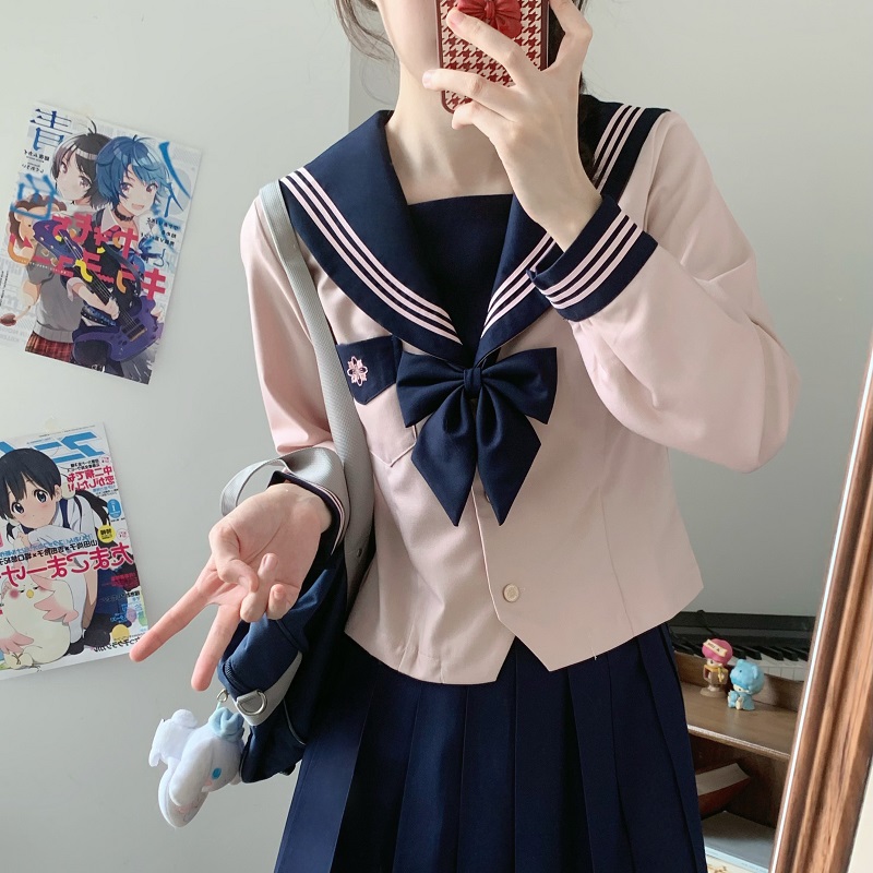 Pink JK Uniform Sailor Suit for Women - Camellia Floral Waist-Defined College Style Summer Short Sleeve Set Pink JK Uniform Sailor Suit for Women - Camellia Floral Waist-Defined College Style Summer Short Sleeve Set