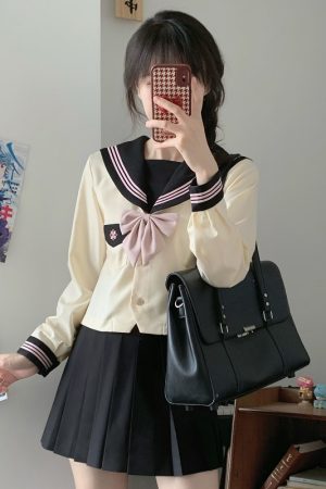 Pink JK Uniform Sailor Suit for Women - Camellia Floral Waist-Defined College Style Summer Short Sleeve Set