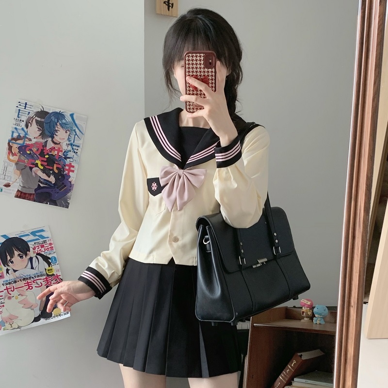 Pink JK Uniform Sailor Suit for Women - Camellia Floral Waist-Defined College Style Summer Short Sleeve Set Pink JK Uniform Sailor Suit for Women - Camellia Floral Waist-Defined College Style Summer Short Sleeve Set