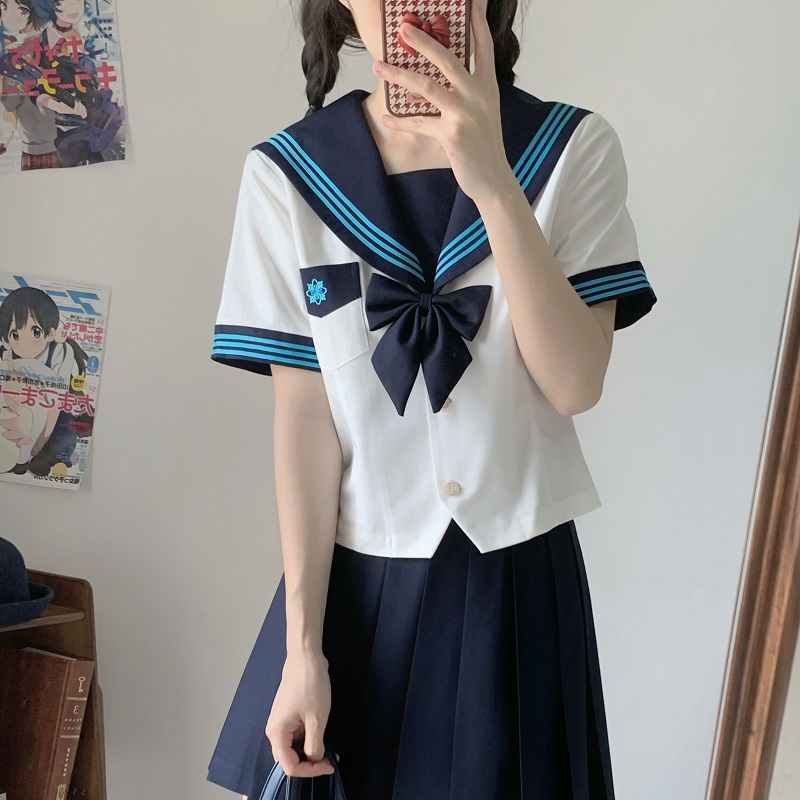 Pink JK Uniform Sailor Suit for Women - Camellia Floral Waist-Defined College Style Summer Short Sleeve Set Pink JK Uniform Sailor Suit for Women - Camellia Floral Waist-Defined College Style Summer Short Sleeve Set