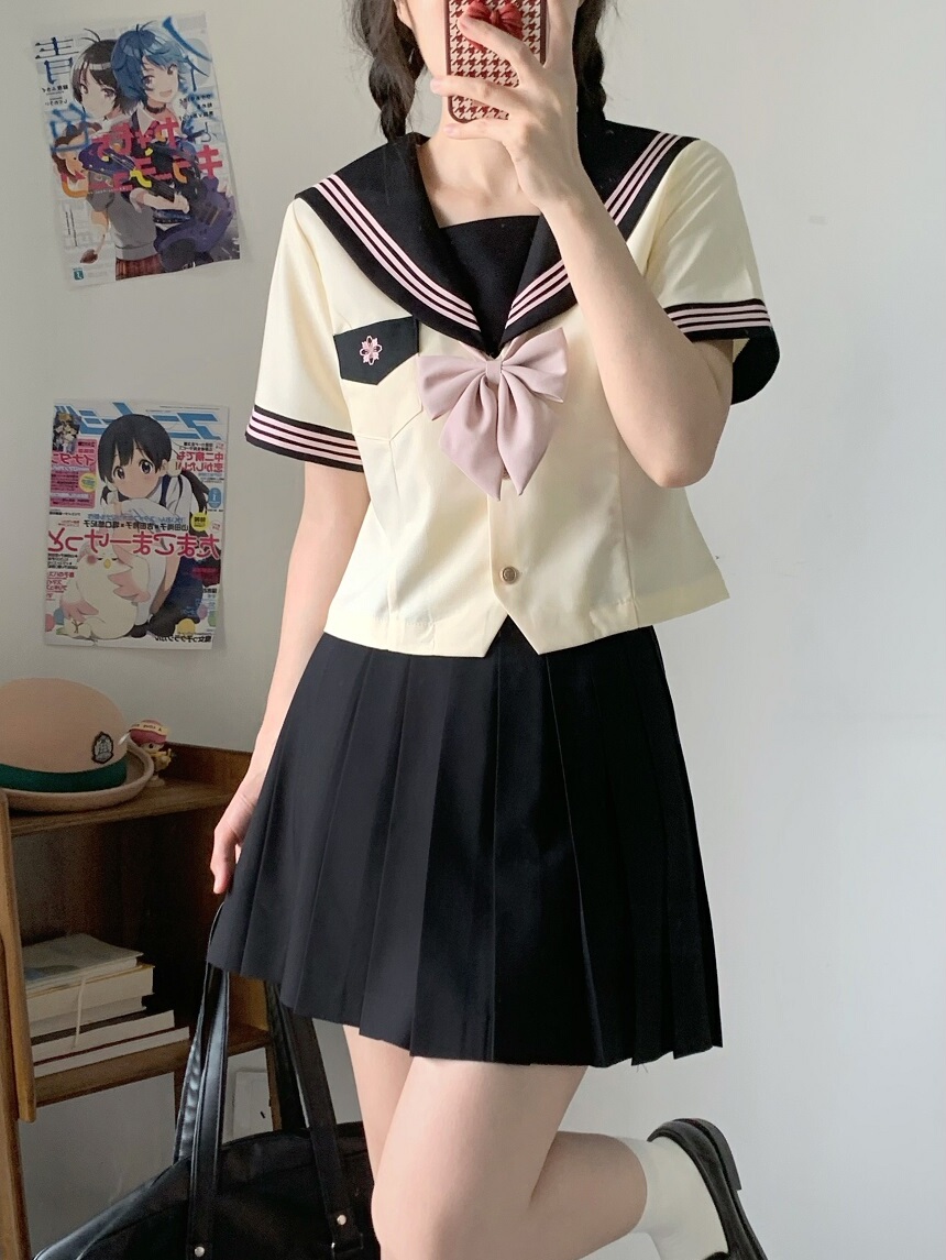 Pink JK Uniform Sailor Suit for Women - Camellia Floral Waist-Defined College Style Summer Short Sleeve Set Pink JK Uniform Sailor Suit for Women - Camellia Floral Waist-Defined College Style Summer Short Sleeve Set