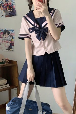 Pink JK Uniform Sailor Suit for Women - Camellia Floral Waist-Defined College Style Summer Short Sleeve Set