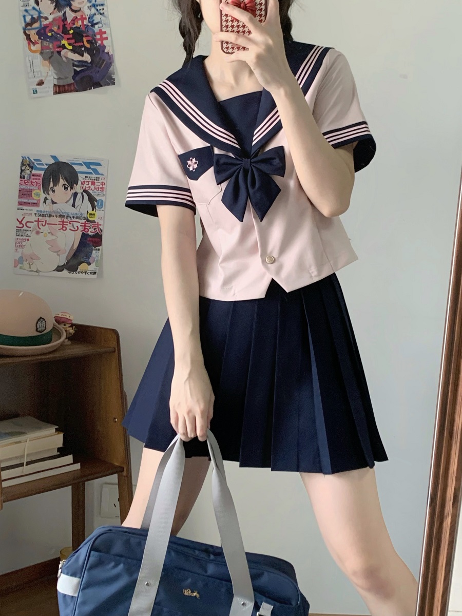 Pink JK Uniform Sailor Suit for Women - Camellia Floral Waist-Defined College Style Summer Short Sleeve Set Pink JK Uniform Sailor Suit for Women - Camellia Floral Waist-Defined College Style Summer Short Sleeve Set