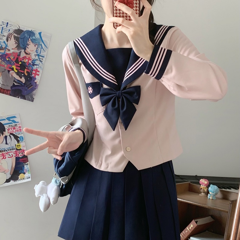 Pink JK Uniform Sailor Suit for Women - Camellia Floral Waist-Defined College Style Summer Short Sleeve Set Pink JK Uniform Sailor Suit for Women - Camellia Floral Waist-Defined College Style Summer Short Sleeve Set