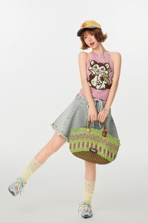 Pink Knitted Backless Halter Top for Women - American Retro Summer Style, Slim-Fit, Girly Y2K Fashion Top