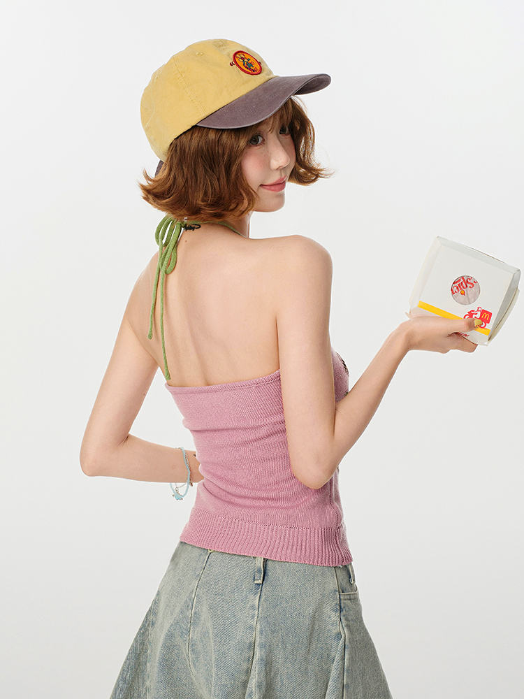 Pink Knitted Backless Halter Top for Women - American Retro Summer Style, Slim-Fit, Girly Y2K Fashion Top Pink Knitted Backless Halter Top for Women - American Retro Summer Style, Slim-Fit, Girly Y2K Fashion Top