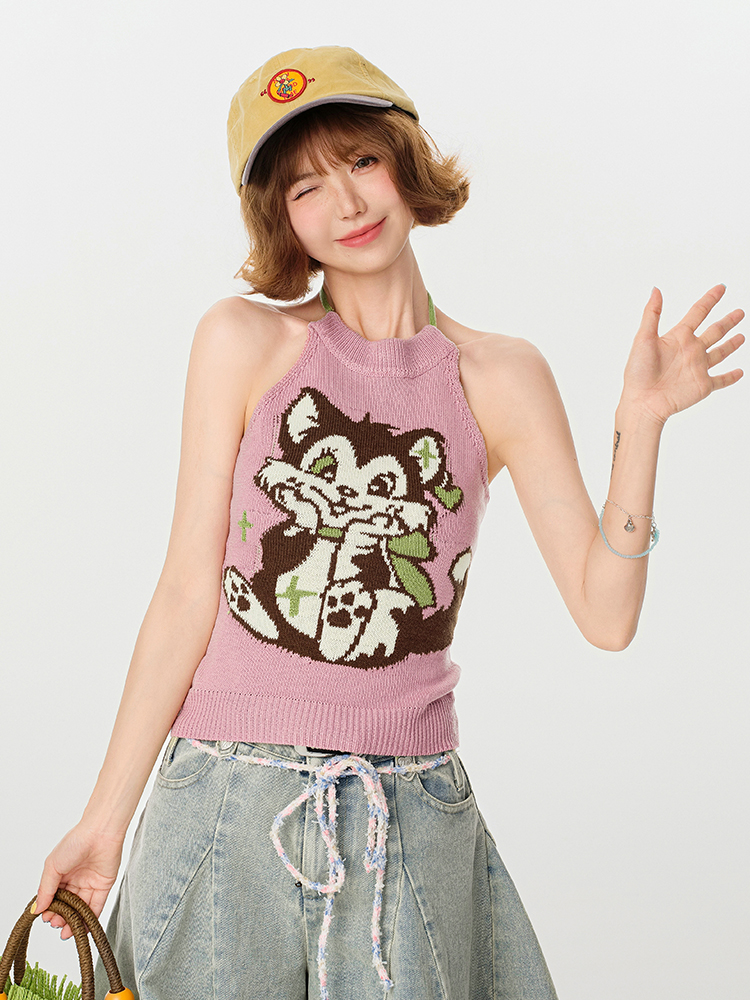 Pink Knitted Backless Halter Top for Women - American Retro Summer Style, Slim-Fit, Girly Y2K Fashion Top Pink Knitted Backless Halter Top for Women - American Retro Summer Style, Slim-Fit, Girly Y2K Fashion Top