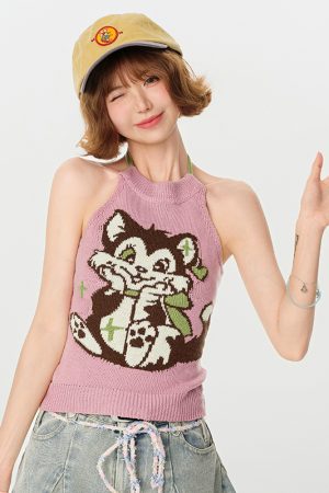 Pink Knitted Backless Halter Top for Women - American Retro Summer Style, Slim-Fit, Girly Y2K Fashion Top