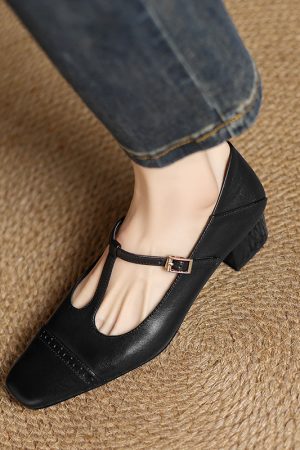 Pink Mary Jane Slip-On Shoes for Women - French Square-Toe Mid-Heel - Chic Italian Style