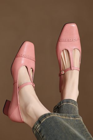 Pink Mary Jane Slip-On Shoes for Women - French Square-Toe Mid-Heel - Chic Italian Style