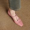 Pink Mary Jane Slip-On Shoes for Women - French Square-Toe Mid-Heel - Chic Italian Style