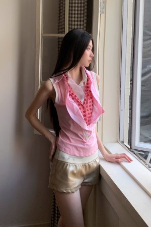 Pink Multi-Collar V-Neck Shirt Vest - Soft Comfortable Short-Sleeve Top for Versatile OL Style