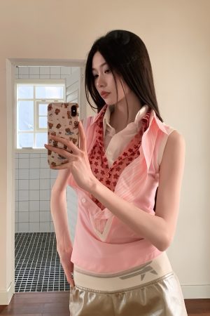 Pink Multi-Collar V-Neck Shirt Vest - Soft Comfortable Short-Sleeve Top for Versatile OL Style