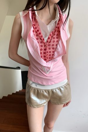 Pink Multi-Collar V-Neck Shirt Vest - Soft Comfortable Short-Sleeve Top for Versatile OL Style