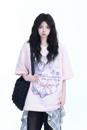 Pink Oversized Short-Sleeve T-Shirt for Women - American Dark Style, Summer Casual, Loose Fit with Sit and Eat Until the Mountains Are Empty Print