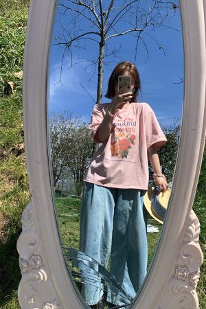 Pink Retro Floral Print Short Sleeve T-Shirt for Women - Summer Loose Fit Round Neck Top - Vintage 90s Style