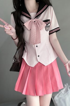 Pink Sailor Suit Women's JK Uniform with Navy Collar - Summer College Style Pudding Bear Inspired 2025 Fashion