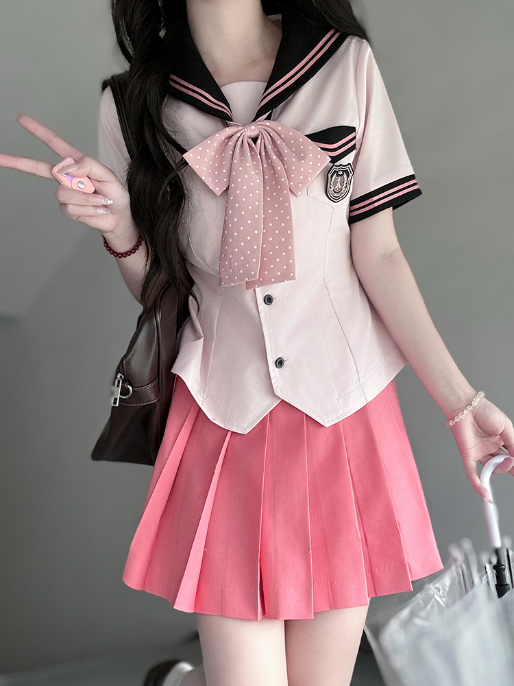 Pink Sailor Suit Women's JK Uniform with Navy Collar - Summer College Style Pudding Bear Inspired 2025 Fashion Pink Sailor Suit Women's JK Uniform with Navy Collar - Summer College Style Pudding Bear Inspired 2025 Fashion
