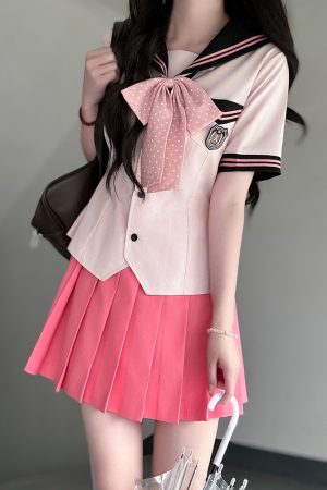 Pink Sailor Suit Women's JK Uniform with Navy Collar - Summer College Style Pudding Bear Inspired 2025 Fashion