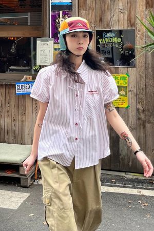 Pink Striped Short Sleeve Blouse for Women - Summer Puff Sleeve Jacket, Loose Slimming Top, Trendy Miu Style