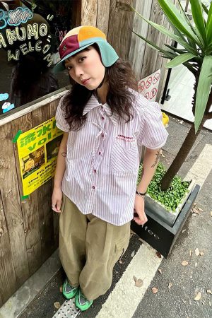 Pink Striped Short Sleeve Blouse for Women - Summer Puff Sleeve Jacket, Loose Slimming Top, Trendy Miu Style