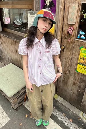 Pink Striped Short Sleeve Blouse for Women - Summer Puff Sleeve Jacket, Loose Slimming Top, Trendy Miu Style