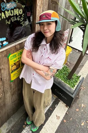 Pink Striped Short Sleeve Blouse for Women - Summer Puff Sleeve Jacket, Loose Slimming Top, Trendy Miu Style