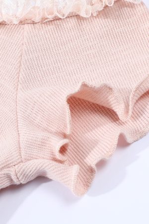 Pink Sweet and Spicy Lace Strap Short Sleeve T-Shirt for Women with Ruffled Edges - Summer Fashion Essential
