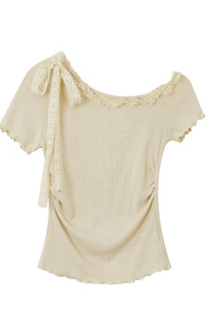 Pink Sweet and Spicy Lace Strap Short Sleeve T-Shirt for Women with Ruffled Edges - Summer Fashion Essential