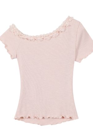Pink Sweet and Spicy Lace Strap Short Sleeve T-Shirt for Women with Ruffled Edges - Summer Fashion Essential