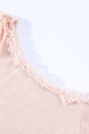 Pink Sweet and Spicy Lace Strap Short Sleeve T-Shirt for Women with Ruffled Edges - Summer Fashion Essential