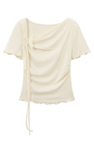 Pink Sweet Women's Off-Shoulder Short Sleeve T-Shirt with Irregular Ruffle Edge and Butterfly Decor, 2025 Summer Fashion Trend