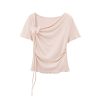 Pink Sweet Women's Off-Shoulder Short Sleeve T-Shirt with Irregular Ruffle Edge and Butterfly Decor, 2025 Summer Fashion Trend